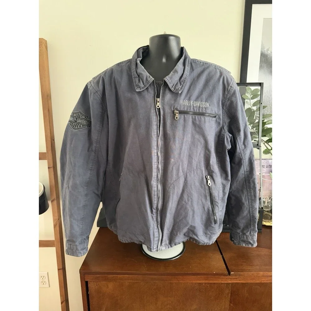Harley Davidson Bomber Jacket Mens L Skull Wings Embroidered Gray Motorcycle Y2K